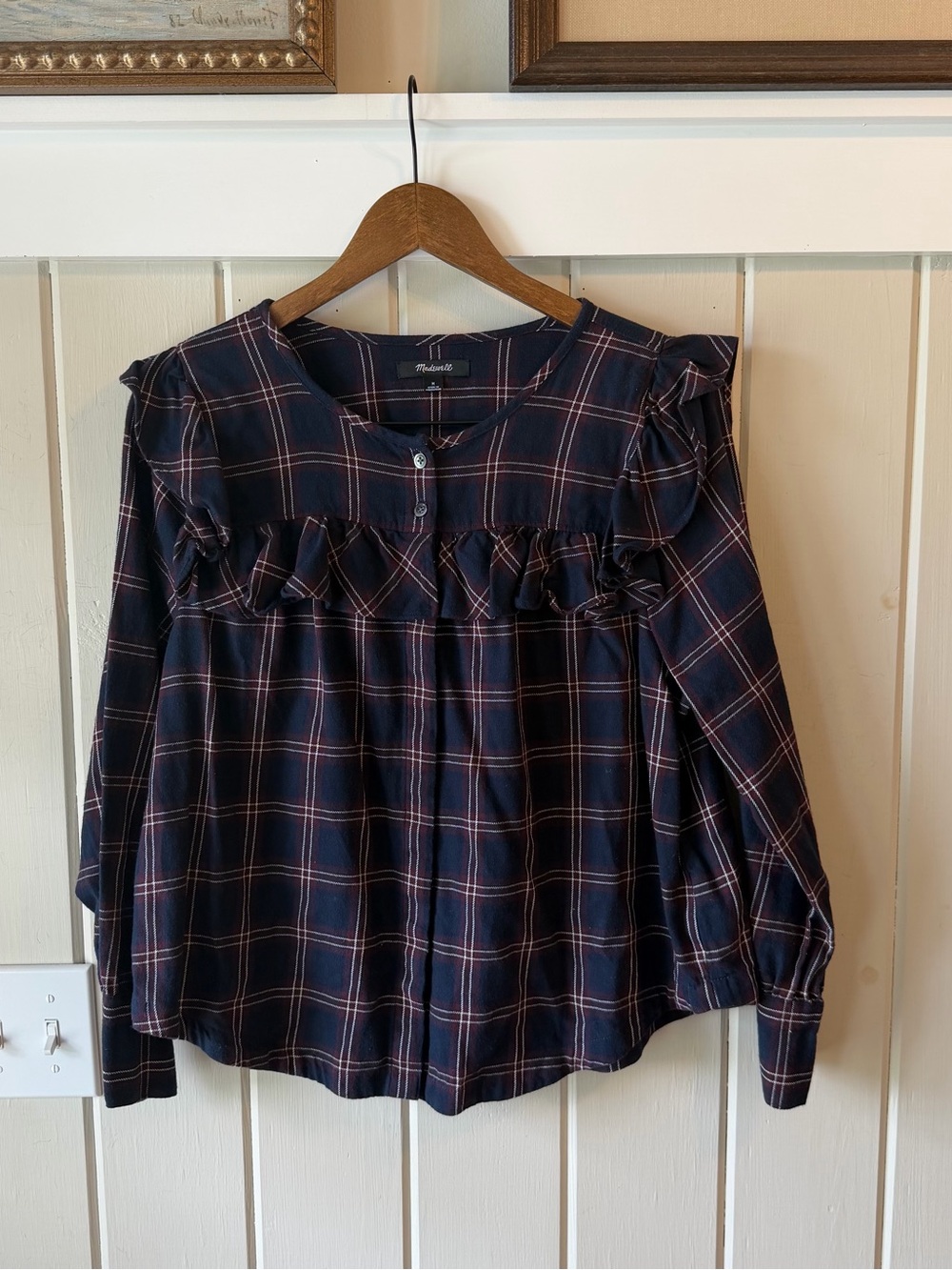 NWOT Madewell Navy & Purple Plaid Ruffle Yoke Button-Front Top, Size M